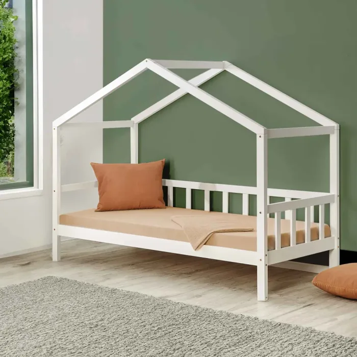 Massivholz Kinderbett 90x200 - Hausbett für Kinder mit schützendem Gitterrand - Farbe: Weiß