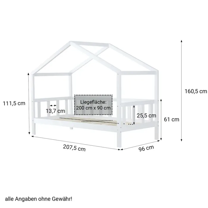 Massivholz Kinderbett 90x200 - Hausbett für Kinder mit schützendem Gitterrand - Farbe: Weiß