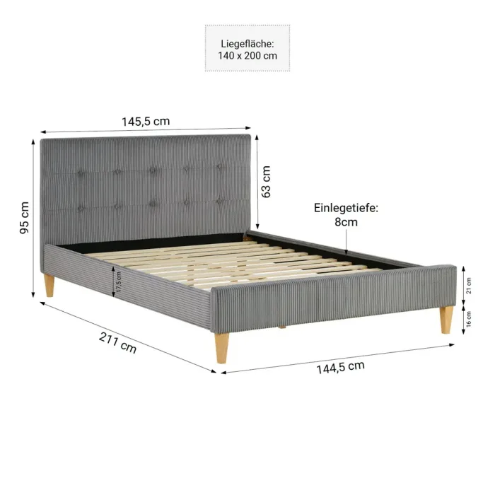 Polsterbett 140x200 Doppelbett aus Cordstoff in Grau - mit hohem Kopfrahmen