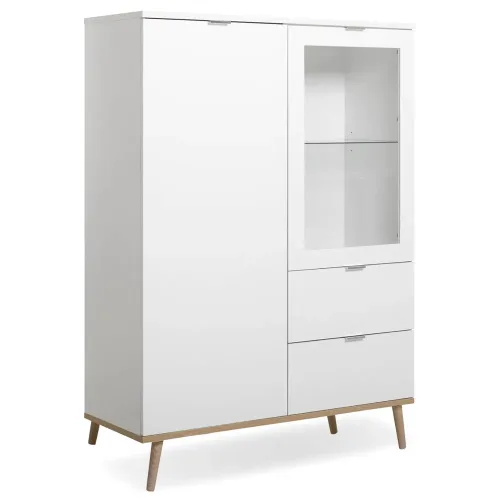 Hochschrank 100 cm Breite - Kommode mit Glaselement und zwei Schubladen - Farbe: Weiß Natur