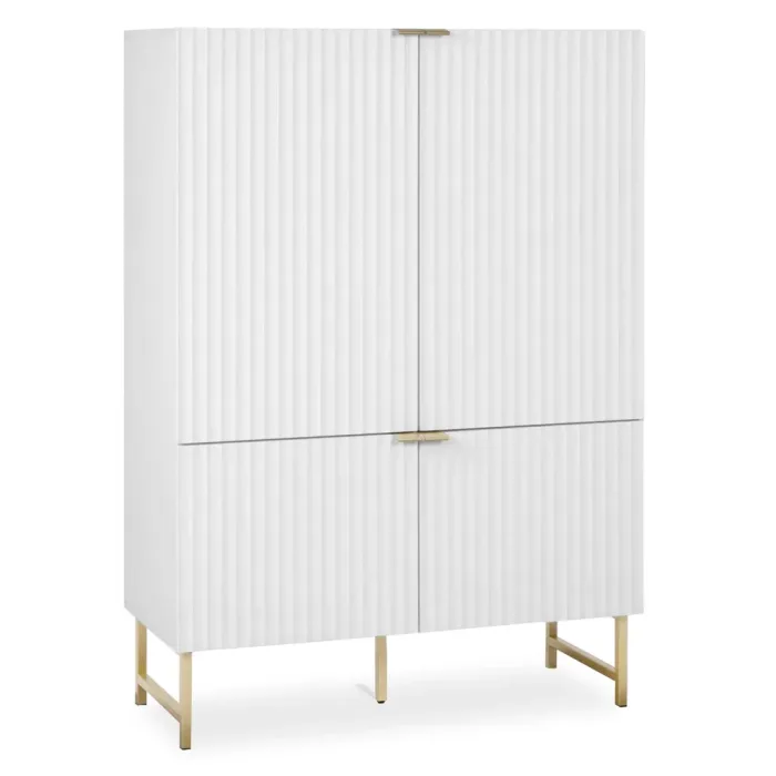 Hochschrank 100 cm Breite - Highboard in Wellenoptik mit Metallfüßen und Schranktüren - Farbe: Weiß Gold