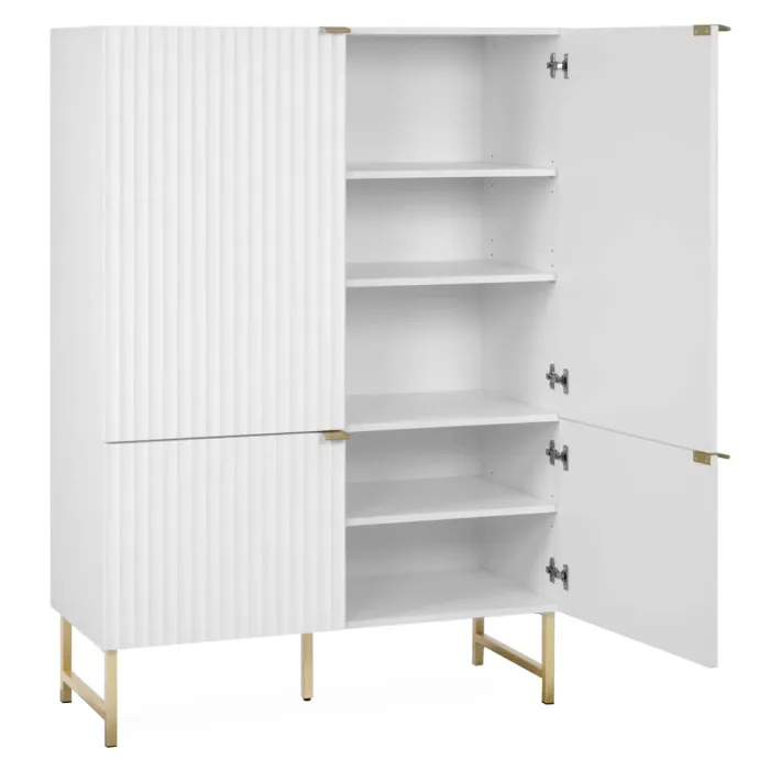 Hochschrank 100 cm Breite - Highboard in Wellenoptik mit Metallfüßen und Schranktüren - Farbe: Weiß Gold