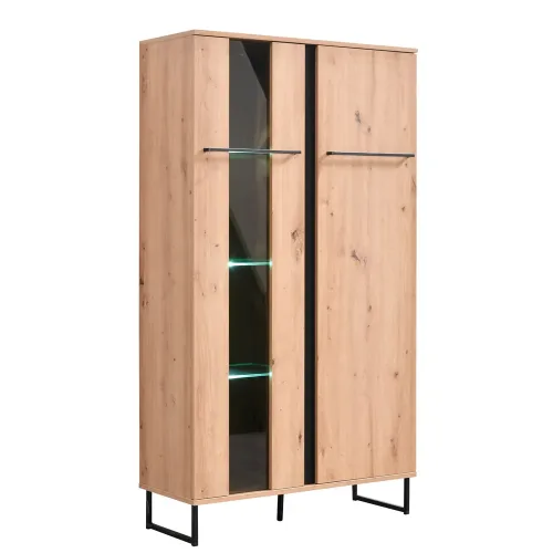 Vitrine 85 cm Breite Industrial Style - Hochschrank mit Glaselement und zwei Türen – Farbe: Natur Schwarz