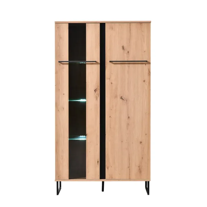 Vitrine 85 cm Breite Industrial Style - Hochschrank mit Glaselement und zwei Türen – Farbe: Natur Schwarz