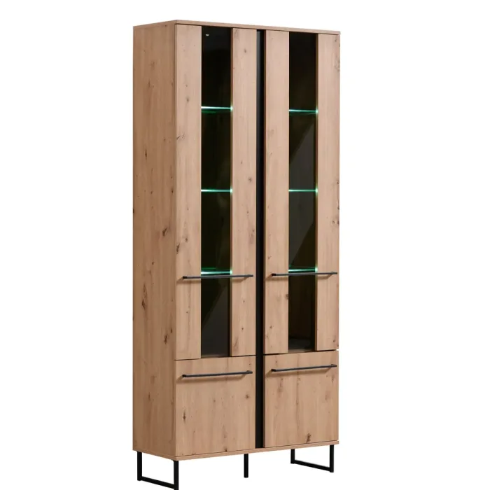 Vitrine 85 cm Breite Industrial Style - Hochschrank mit Schrankfronten mit Glaselementen – Farbe: Natur Schwarz