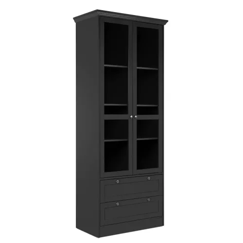 Hochschrank 80 cm Breite - Vitrine mit Schranktüren aus Glas und zwei Schubladen – Farbe: Anthrazit