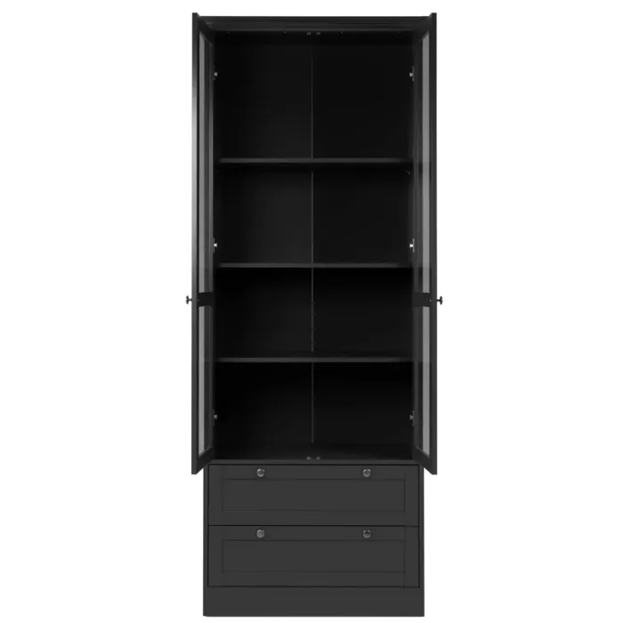 Hochschrank 80 cm Breite - Vitrine mit Schranktüren aus Glas und zwei Schubladen – Farbe: Anthrazit