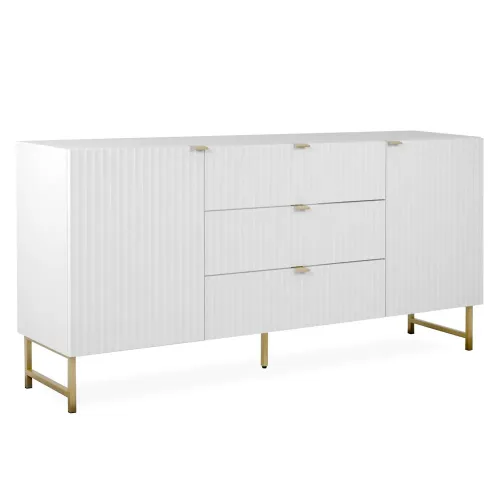 Kommode 179 cm Breite - Sideboard in Wellenoptik mit Metallfüßen und drei Schubladen - Farbe: Weiß Gold