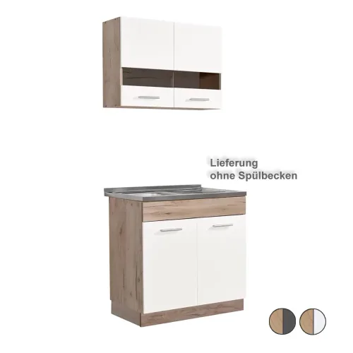 Kücheneinheit 80 cm Breite - Unterschrank und Oberschrank mit einem Glaselement - Farbe-Auswahl: Natur-Weiß Natur-Grau