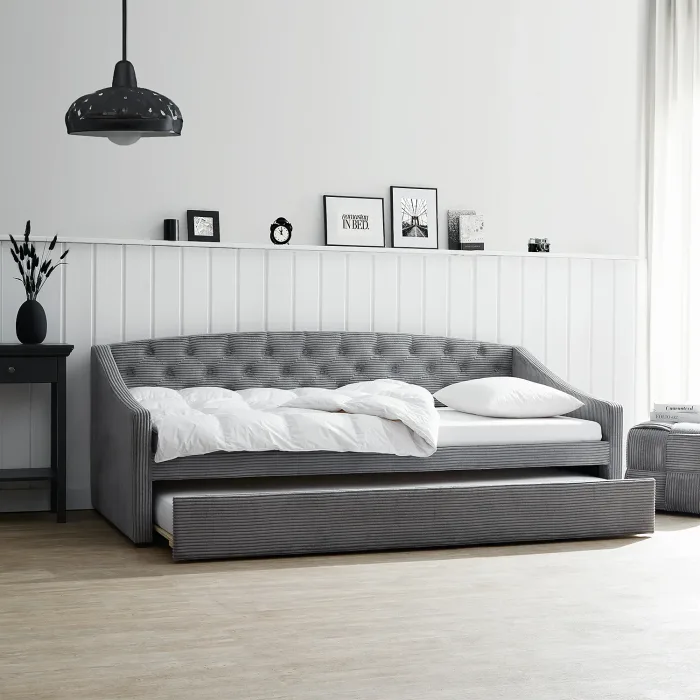 Sofabett 90x200 aus Cord in Grau - Ausziehbare Schlafcouch mit Zweitbett