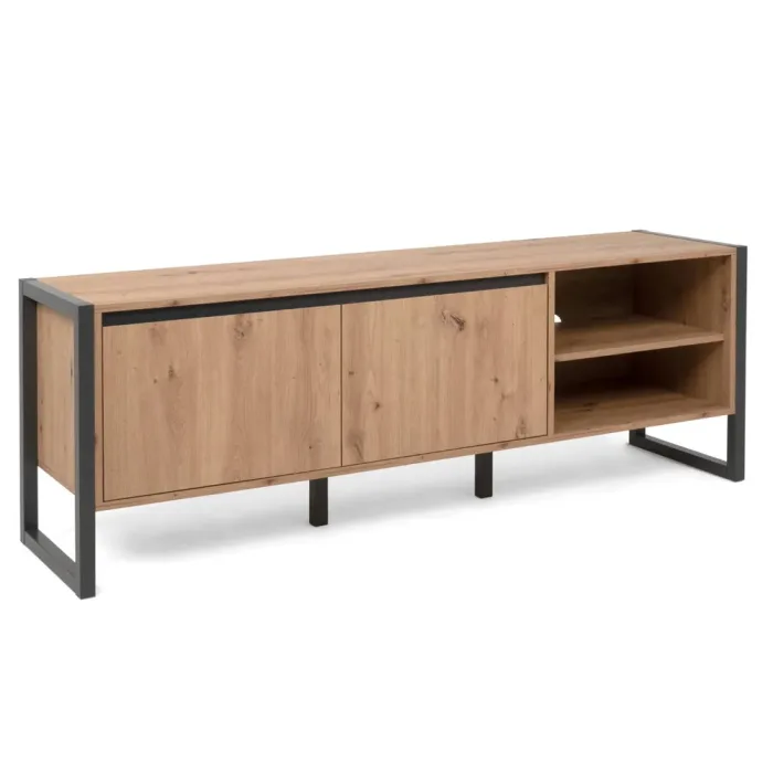 Fernsehschrank 160 cm Breite - TV Lowboard mit Ablagen und zwei Türen – Farbe: Natur Grau