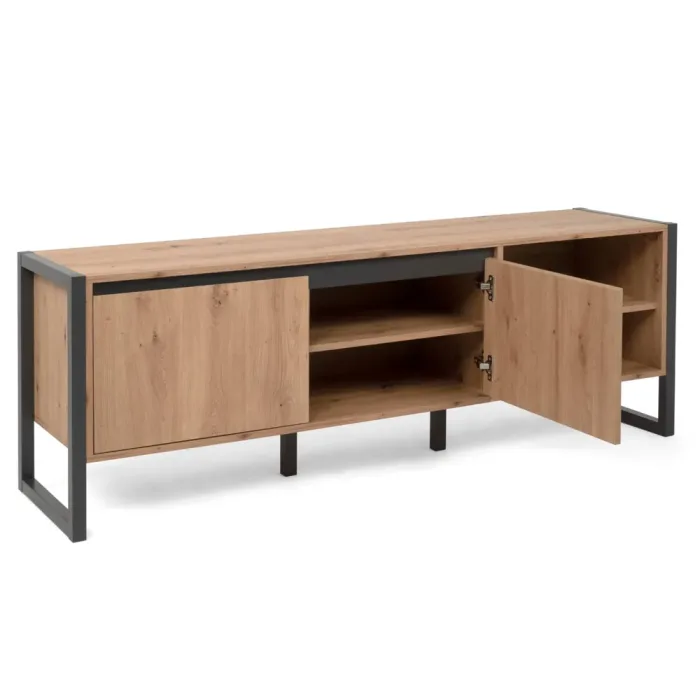 Fernsehschrank 160 cm Breite - TV Lowboard mit Ablagen und zwei Türen – Farbe: Natur Grau