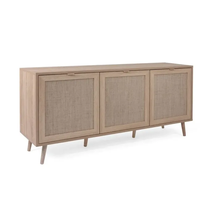 Kommode 150 cm Breite - Sideboard Boho Style mit drei Schranktüren und Holzbeinen - Farbe: Braun Natur