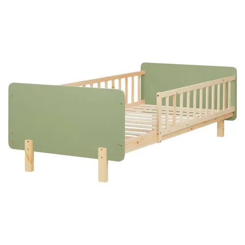 Bett für Kinder 90x200 - Bett mit Rausfallschutz und Korpus aus Holz in Natur mit Elementen in Grün