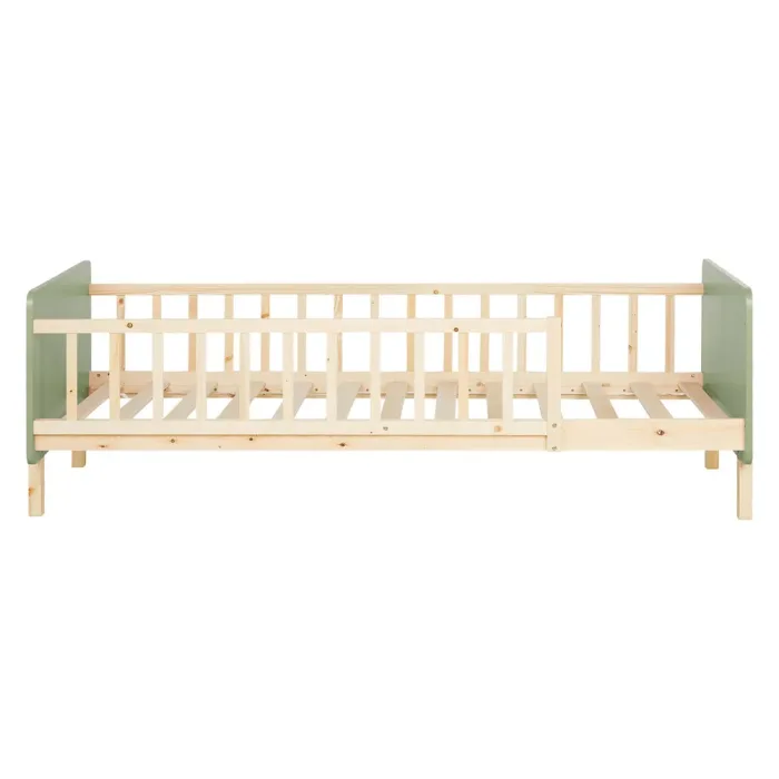 Bett für Kinder 90x200 - Bett mit Rausfallschutz und Korpus aus Holz in Natur mit Elementen in Grün