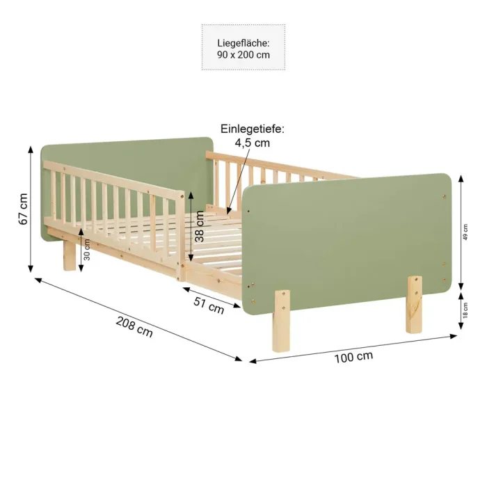 Bett für Kinder 90x200 - Bett mit Rausfallschutz und Korpus aus Holz in Natur mit Elementen in Grün