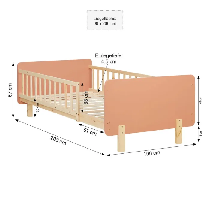 Kinderbett 90x200 mit Rausfallschutz - Gitterbett mit einem Holz Rahmen in Natur mit Elementen in Rot