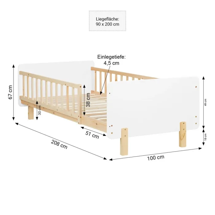 Kinderbett 90x200 - Stabiles Rausfallschutz Bett mit einem Holzrahmen in Natur mit Elementen in Weiß