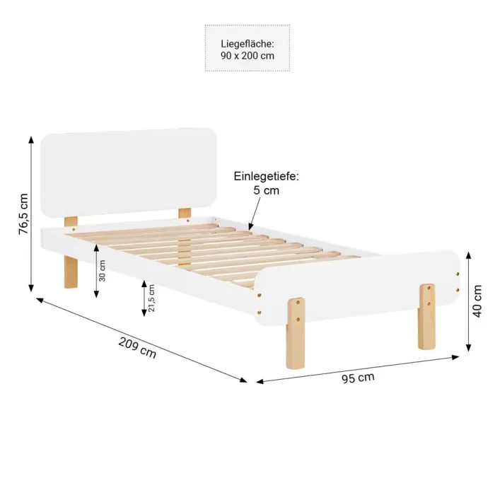 Kinderbett 90x200 - Holzbett mit einem Bettrahmen in Weiß und Elementen in Natur