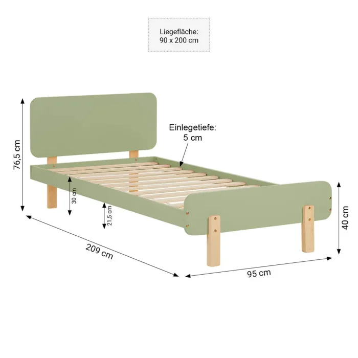 Bett für Kinder 90x200 - Bett mit Vollholz Korpus in Grüner Farbe und Bettfüßen in Natur