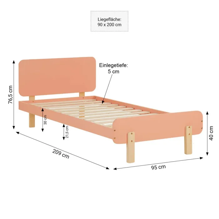 Harmonisches Kinderbett 90x200 - Bett mit Fußteil und hohem Kopfrahmen in farblichem Rot