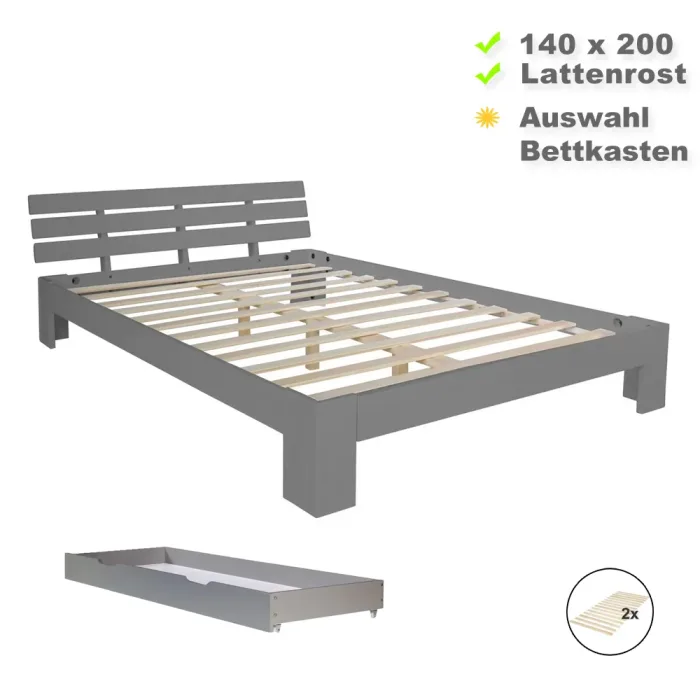 Massivholzbett 140x200 – Doppelbett mit Rückenlehne - Option Schublade – Farbe: Grau