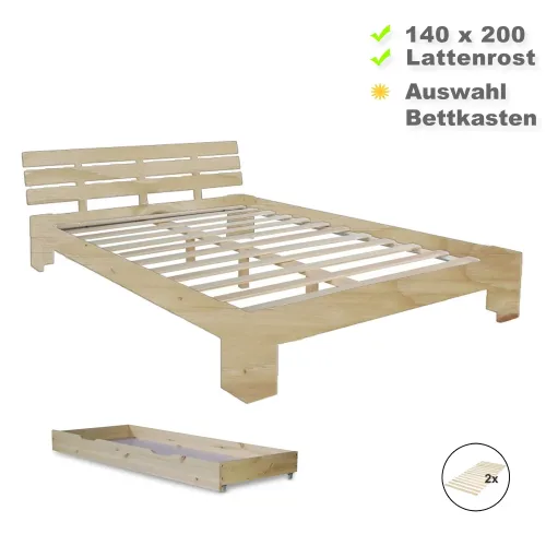 Massivholzbett 140x200 – Doppelbett mit Rückrahmen - Optional eine Schublade – Farbe: Natur