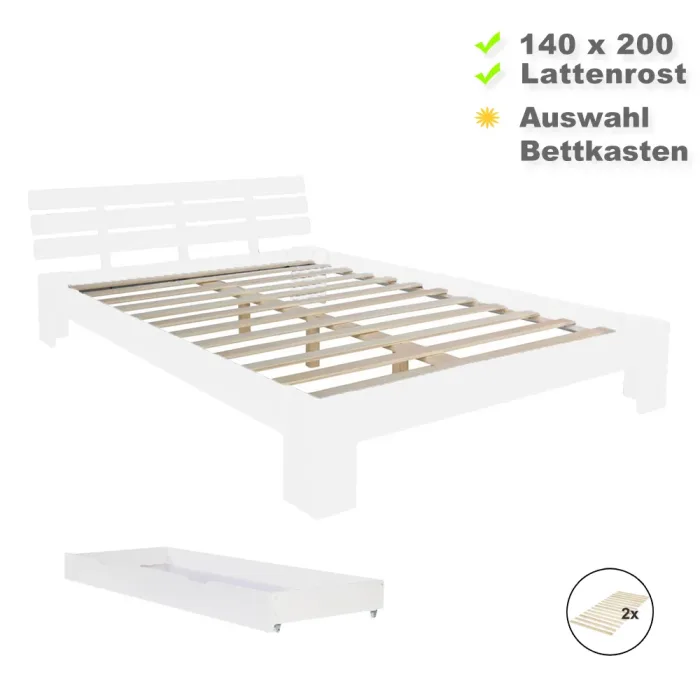 Massivholzbett 140x200 – Doppelbett mit hoher Lehne - Auswahl Schublade – Farbe: Weiß