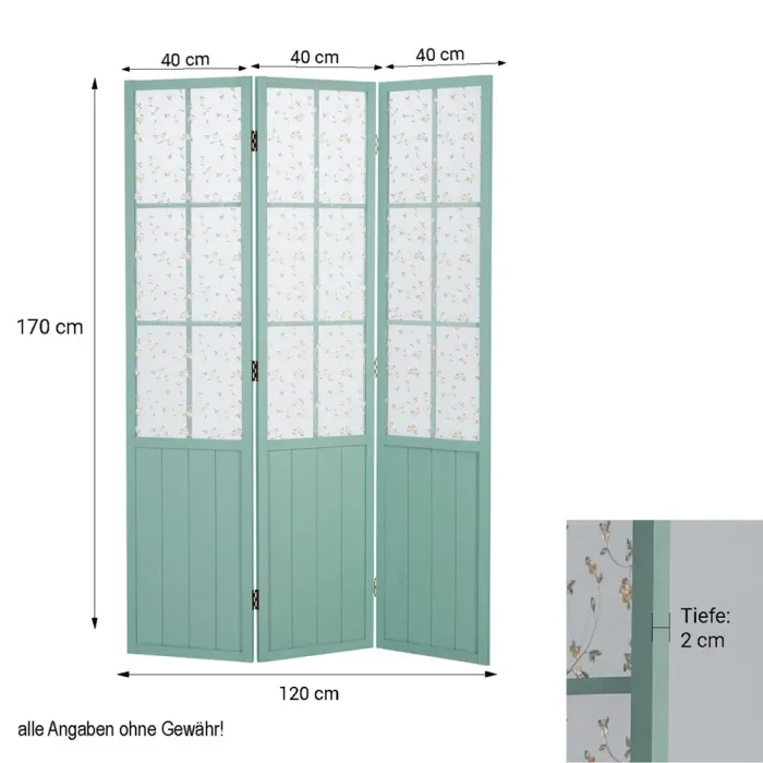 Geprüfte Retourware - Paravent Raumteiler 3-teilig, 120x170 cm - Holz Türkis mit mehrfarbigem Blumen Stoffmuster