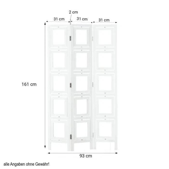 Geprüfte Retourware - Paravent Raumteiler 3-teilig, 93x161 cm - Fotowand Holz in Weiß mit beweglichen Einschubfächern