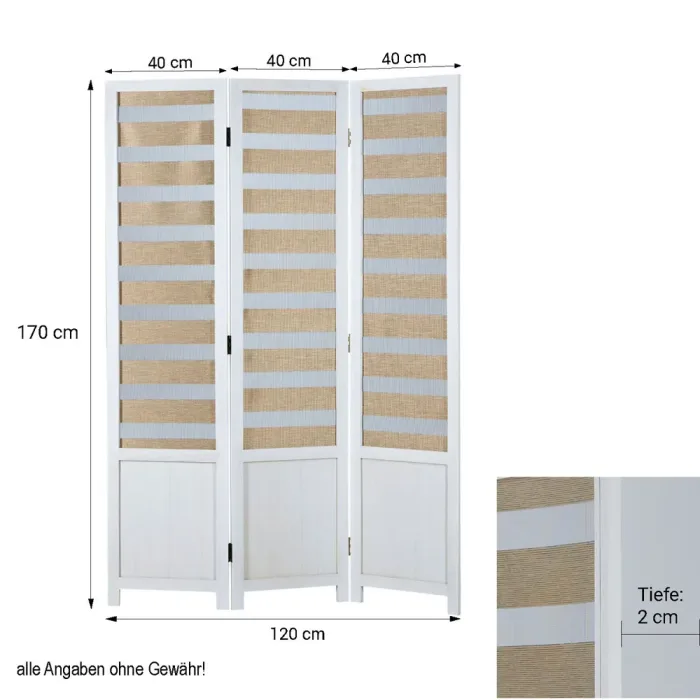 Geprüfte Retourware - Paravent Raumteiler 3-teilig, 120x170 cm - Massivholz Weiß mit Holzmuster halbtransparent Natur