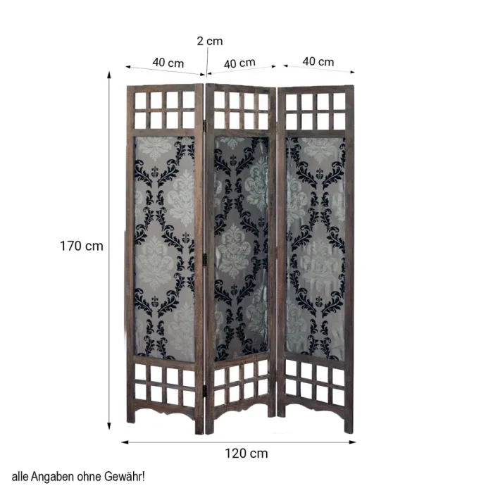 Geprüfte Retourware - Paravent Raumteiler 3-teilig, 120x170 cm - Industrial Holz Braun mit Stoffmuster in Grau