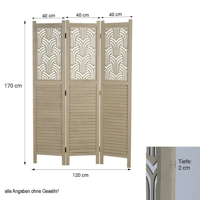 Geprüfte Retourware - Paravent Raumteiler 3-teilig, 120x170 cm - Holz sandfarbend helles Lamellendesign Hellbraun