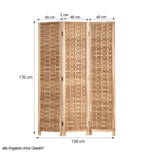 Geprüfte Retourware - Paravent Raumteiler 3-teilig, 120x170 cm - Holz Trennwand mit Rattanoptik in Natur