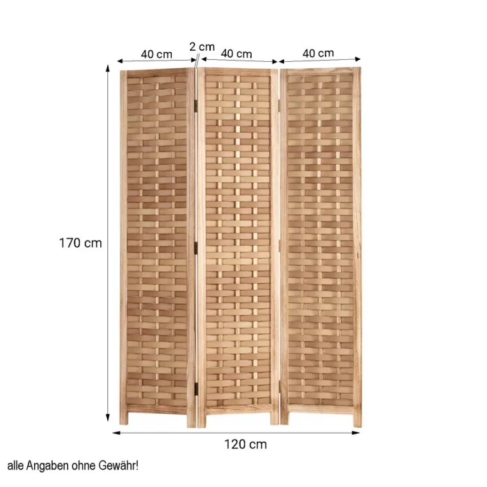 Geprüfte Retourware - Paravent Raumteiler 3-teilig, 120x170 cm - Holz Trennwand mit Rattanoptik in Natur