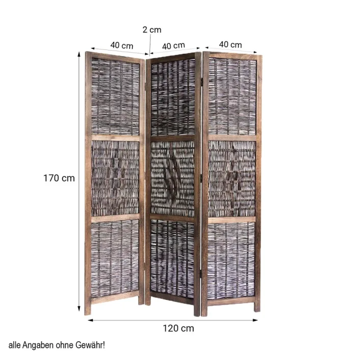 Geprüfte Retourware - Paravent Raumteiler 3-teilig, 120x170 cm - Holz mit Geflecht aus Weide in Braun