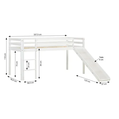 Kinderbett 90x200 - Hochbett mit Rutsche und Leiter - Farbe: Weiß