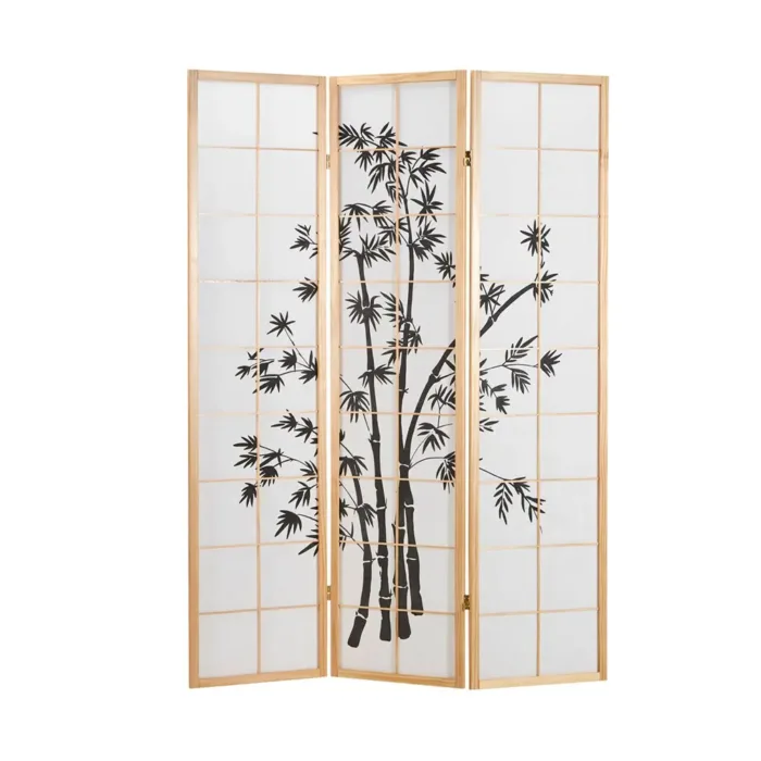 Raumteiler - Paravent 3 teilig Holz mit Shoji Reispapier und Bambus-Motiv in Schwarz - Farbe: Natur