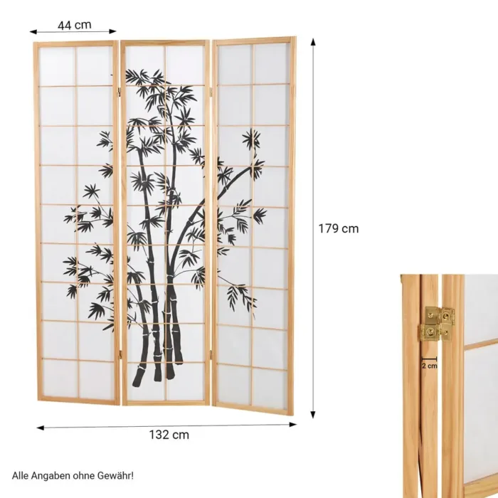 Raumteiler - Paravent 3 teilig Holz mit Shoji Reispapier und Bambus-Motiv in Schwarz - Farbe: Natur