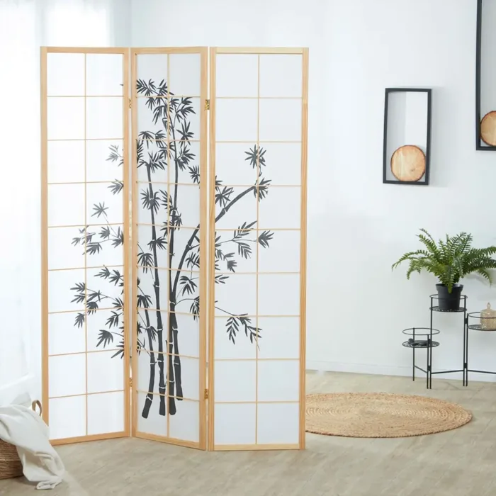 Raumteiler - Paravent 3 teilig Holz mit Shoji Reispapier und Bambus-Motiv in Schwarz - Farbe: Natur