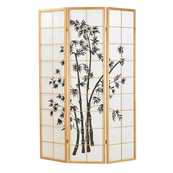 Raumteiler - Paravent 3 teilig Holz mit Shoji Reispapier und Bambus-Motiv in Schwarz - Farbe: Natur