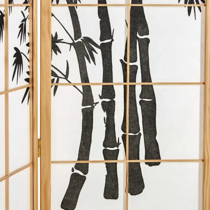 Raumteiler - Paravent 3 teilig Holz mit Shoji Reispapier und Bambus-Motiv in Schwarz - Farbe: Natur