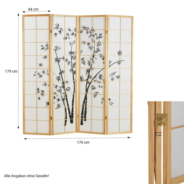 Raumteiler - Paravent 4 teilig Holz mit Shoji Reispapier und Bambus-Motiv in Schwarz - Farbe: Natur