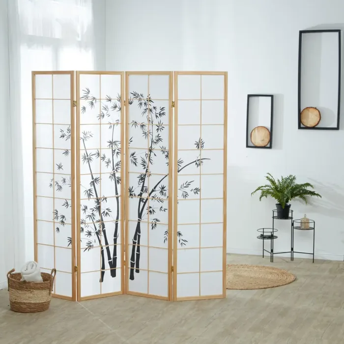 Raumteiler - Paravent 4 teilig Holz mit Shoji Reispapier und Bambus-Motiv in Schwarz - Farbe: Natur
