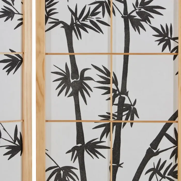 Raumteiler - Paravent 4 teilig Holz mit Shoji Reispapier und Bambus-Motiv in Schwarz - Farbe: Natur