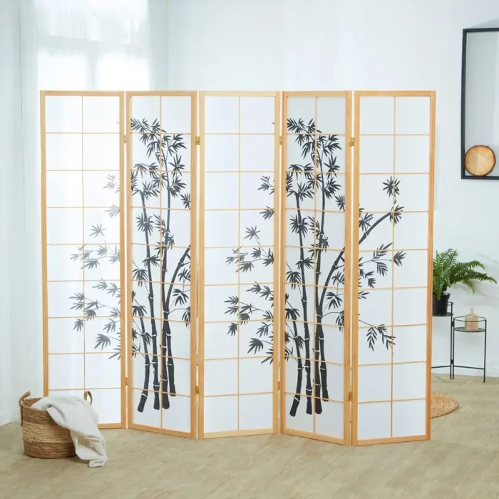 Raumteiler - Paravent 5 teilig Holz mit Shoji Reispapier und Bambus-Motiv in Schwarz - Farbe: Natur