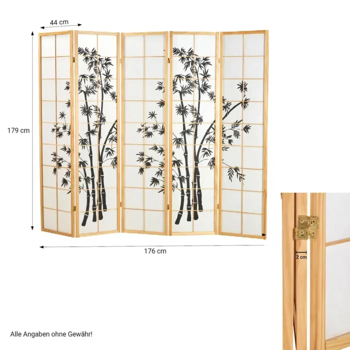 Raumteiler - Paravent 5 teilig Holz mit Shoji Reispapier und Bambus-Motiv in Schwarz - Farbe: Natur
