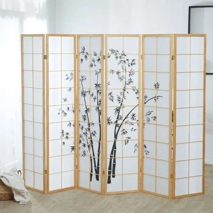 Raumteiler - Paravent 6 teilig Holz mit Shoji Reispapier und Bambus-Motiv in Schwarz - Farbe: Natur
