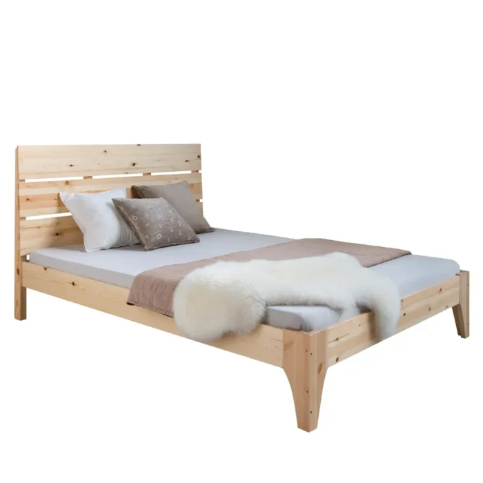 Massivholzbett mit sichtbarer Holzmaserung 140x200 – Doppelbett mit hohem Kopfteil – Farbe: Natur