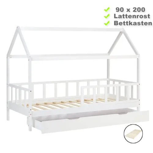 Hausbett 90x200 – Kinderbett mit Bettkasten und Rausfallschutz – Farbe: Weiß